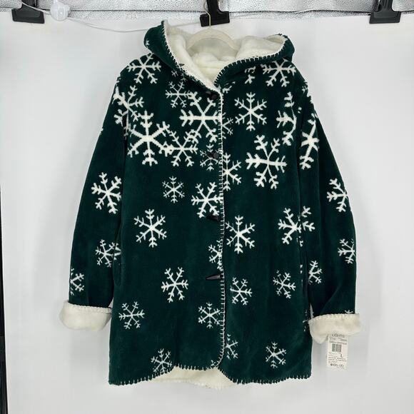 Nordic Lights Womens Reversible Fleece Coat Size L Green Crystals Snowflake NEW - Picture 2 of 12